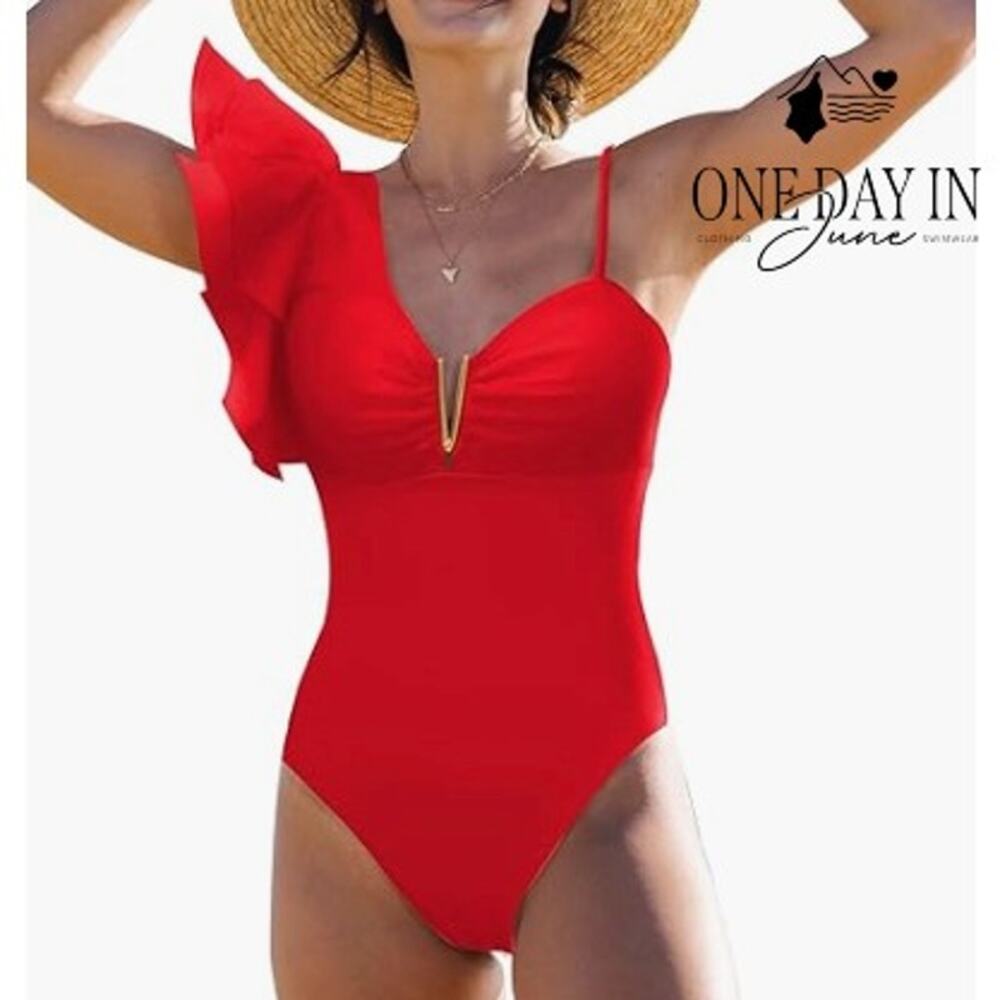 Sporlike Red Ruffle One Shoulder Tie Back One Piece Swimsuit NWT Size S